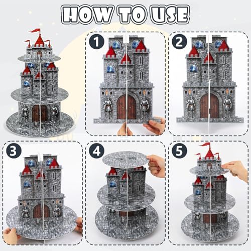 3 Tier Medieval Castle Cupcake Stand Decor with 24 Cake Toppers Knight Birthday Party Decorations Medieval Theme Dessert Cardboard Stand Tower Castle Cupcake Holder for Boys Baby Shower Supplies
