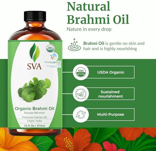 SVA Brahmi Oil Organic - 16 Fl Oz – 100% Natural Cold Pressed Organic Brahmi- for Face, Skin Care, Hair Care, Scalp Massage & Body Massage – Carrier Oil