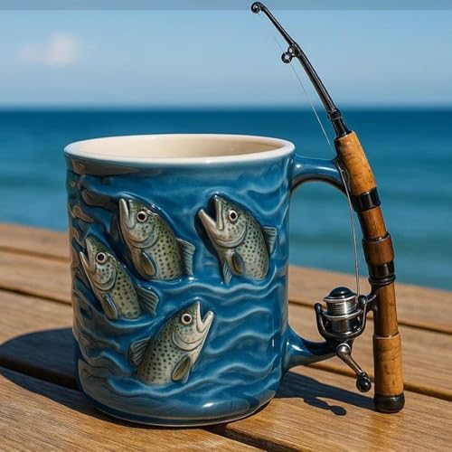 Fishing Mug, Funny Fishing Rod & Reel Design Coffee Mug, Resin Water Cup With Simulated Fishings Line Decoration And Rotating Rod Shaped Handle, Fishings Gift For Men, For Chocolate Tea Wine