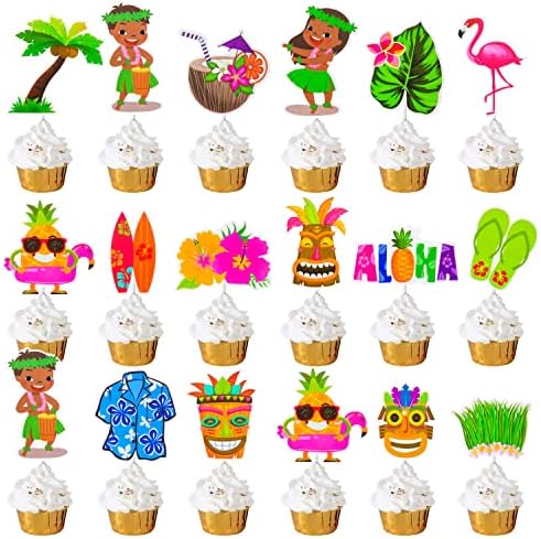 32 Pcs Hawaii Aloha Luau Cupcake Toppers Hawaiian Tropical Summer Theme Birthday Party Cake Decorations with Palm Leaves Flamingo Tiki Coconut Pattern