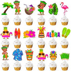 32 Pcs Hawaii Aloha Luau Cupcake Toppers Hawaiian Tropical Summer Theme Birthday Party Cake Decorations with Palm Leaves Flamingo Tiki Coconut Pattern