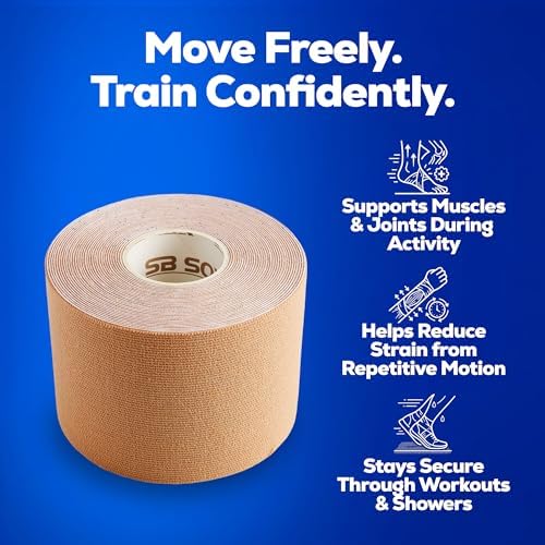 SB SOX Original Cotton Kinesiology Tape Roll – Best Latex Free Athletic Tape for Muscles/Joints – Waterproof, Stretchy, and Gentle on Skin (16ft)