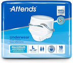 Attends Adult Absorbent Underwear, Large [18 Count] - Maximum Absorbency for Men and Women - Disposable Pull-On Diapers with Tear-Away Sides and Breathable Waistband - AP0730
