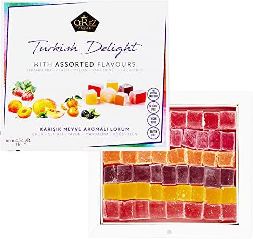 Cerez Pazari Turkish Delight Candy With Assorted Flavors 16 oz, Gourmet Snacks Gift Box, No Nuts Sweet Traditional Confectionery Vegan Candy Dessert Lokum Loukoumi Approx.33-38 pcs