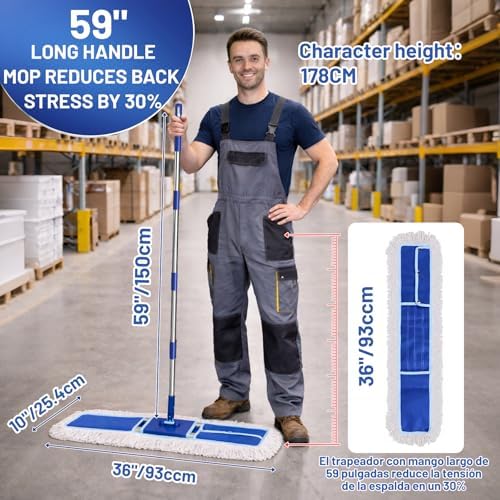 36" Commercial Dust Mop: Dry Dust Broom for Hardwood Floors Cleaning - 2 Mop Pads 59" Long Handle Heavy Duty Frame - Industrial Professional Cleaning Supplies for Hotel Warehouse School Janitor
