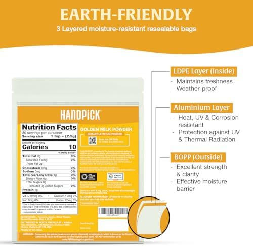 HANDPICK Golden Milk Powder with Turmeric - (7oz, 80 servings) Instant Latte Mix | Blend of Ginger, Black Pepper and Curcumin
