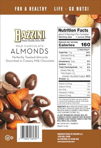 Bazzini Milk Chocolate Almonds, Gourmet Almonds Coated in Rich Milk Chocolate, Kosher, Since 1886 Gourmet Nut Snack, Made in USA (10oz Pouch)