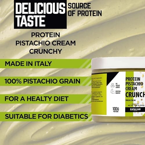 EATALIAN by AMZ BETTER Spreadable Crunchy Pistachio Protein Cream 17.63 oz/ 500 gr, Pistachio Cream with Grains, Protein Paste, Sweet Taste, Ideal on Bread Excellent for Dubai Chocolate, Made in Italy