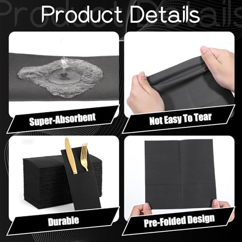 100 Pcs Black Linen-Feel Paper Napkins, Black Napkins Disposable with Built-in Flatware Pocket, Prefolded for Knives and Forks, Blacks Dinner Napkin for Evening Parties, Weddings, Birthday
