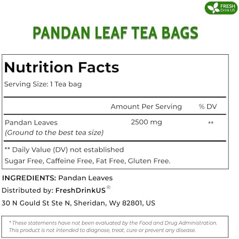 FreshDrinkUS, Premium 15 Pandan Leaf Tea Bags, 100% Natural & Pure from Pandan Leaves. Loose Leaf Pandan Herbal Tea. Made with Natural Material Tea Bags. No Sugar, No Caffeine, No Gluten, Vegan. (15 Tea bags)