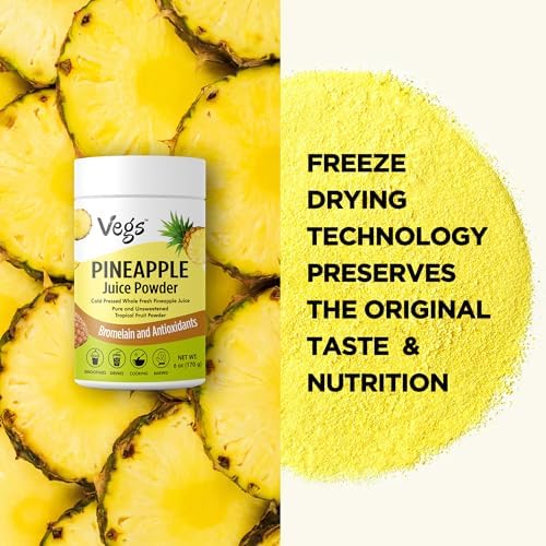 Vegs Pineapple Juice Powder - Freeze Dried Organic Pineapple Powder with Bromelain & Antioxidants - Sugar-Free Cold Pressed Tropical Fruit - Smoothies, Drinks, Cooking, Baking - Vegan, Non-GMO - 6 oz