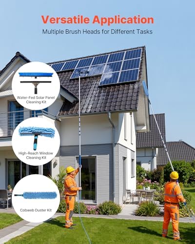VEVOR Solar Panel Cleaning Kit, 33 ft, Water Fed Pole Kit with Cleaning Brush, Squeegee, Soap Dispenser, Extendable Aluminum Telescopic Pole, 180° Rotatable Brush Head, for Roof Mounted Solar Panels
