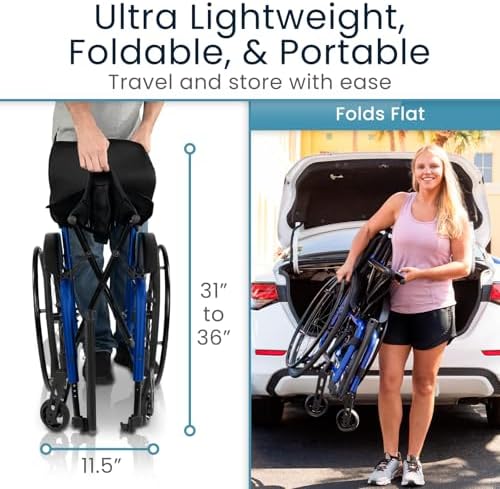 Vive Lightweight Manual Wheelchair - Narrow, Foldable Wheel Chair for Active Adults - Portable Transport, Small Compact & Folding - Collapsible for Travel - Fully Adjustable & Weighs Only 25 lbs
