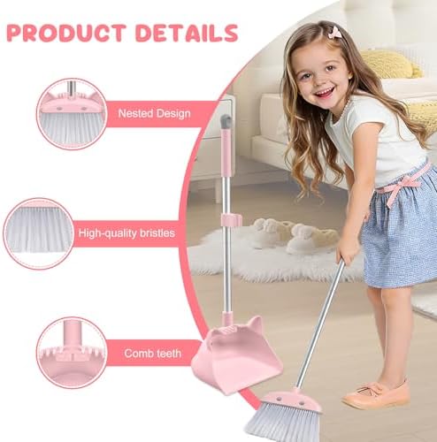 Mini Broom with Dustpan for Kids, 28-in Handle Kids Broom and Dustpan Set for Toddlers Cat-Shaped Children Broom and Cleaning Set Boys Girls Small Housekeeping Helper Set, Pink