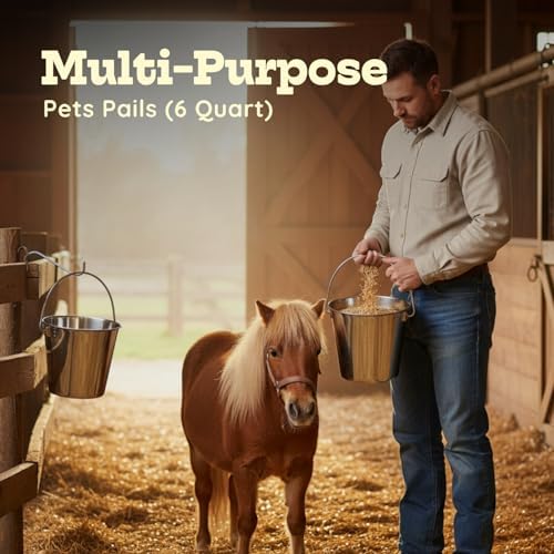 6 quart Heavy Duty Stainless Steel Round Bucket with Handle 2 Pcs | 1.5 gal Sturdy Food & Water Bowl for XL Dog Goat sheep & Livestock | Fits kennel Crate Cage Farm | Hanging Utility Pail