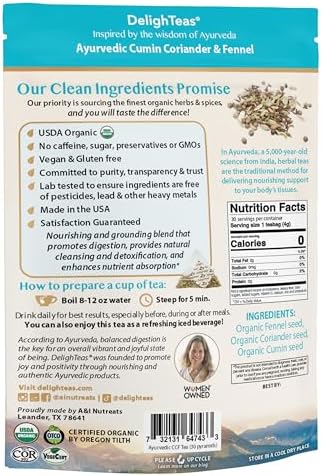 DelighTeas Organic Digest & Detox CCF Tea | Eco-friendly, Compostable Pyramid Tea Bags | Ayurvedic Cumin, Coriander, Fennel Tea | USDA Organic, Caffeine Free, Kosher | 30 Tea Bags, 4g each