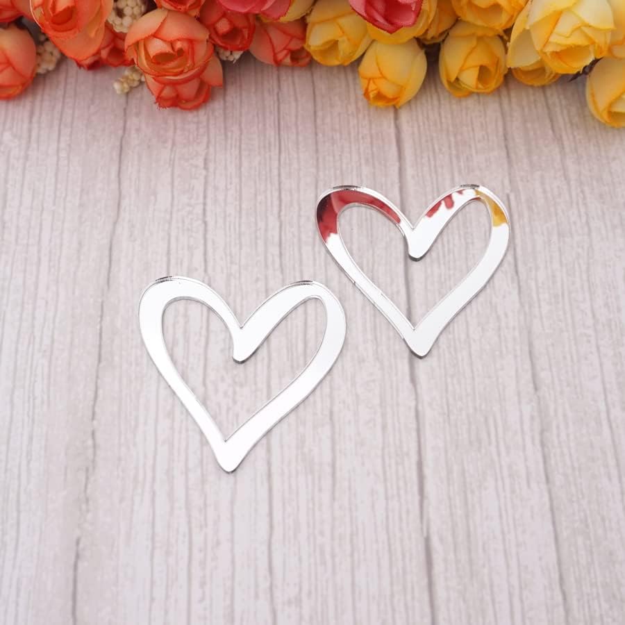 Set of 15 Hollow Out Heart Shape Wedding Cake Topper,Hearts Mirrored Charms for Birthday Wedding Festival Party Home Decoration (Silver Mirror)