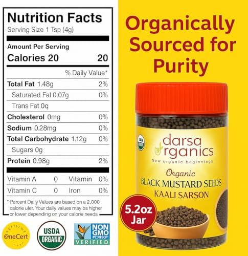 Darsa Organics Black Mustard Seeds 5.3 oz - Premium Quality USDA Organic Certified Black Mustard Seeds for Pickles, Curries, & Spice Blends, Non-GMO, Gluten-Free, Kosher packed in a BPA Free Jar