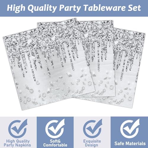 100PCS Silver Party Paper Napkins Happy Birthday Supplies Glitter Decorations Silver Diamond Theme Disposable Paper Lunch Napkins for Adults Kids Birthday Wedding Bridal Shower Favors