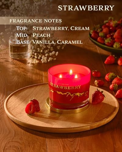 Strawberry Scented Candles - 100% Natural Soy Wax - Large 3 Wick Jar Candle - Up to 50 Hours Burning Time - Candles for Home - Gift-Ready Candle for Men & Women - Aromatherapy Candles