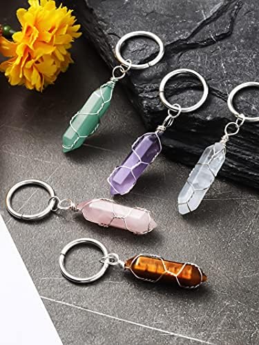 Sureio 5 Pieces Multicolor Crystals Stone Keychain Wire Wrapped Stones Jewelry Hexagonal Natural Crystal Keyring Quartz Pendants Keychain Quartz Crystal for Women