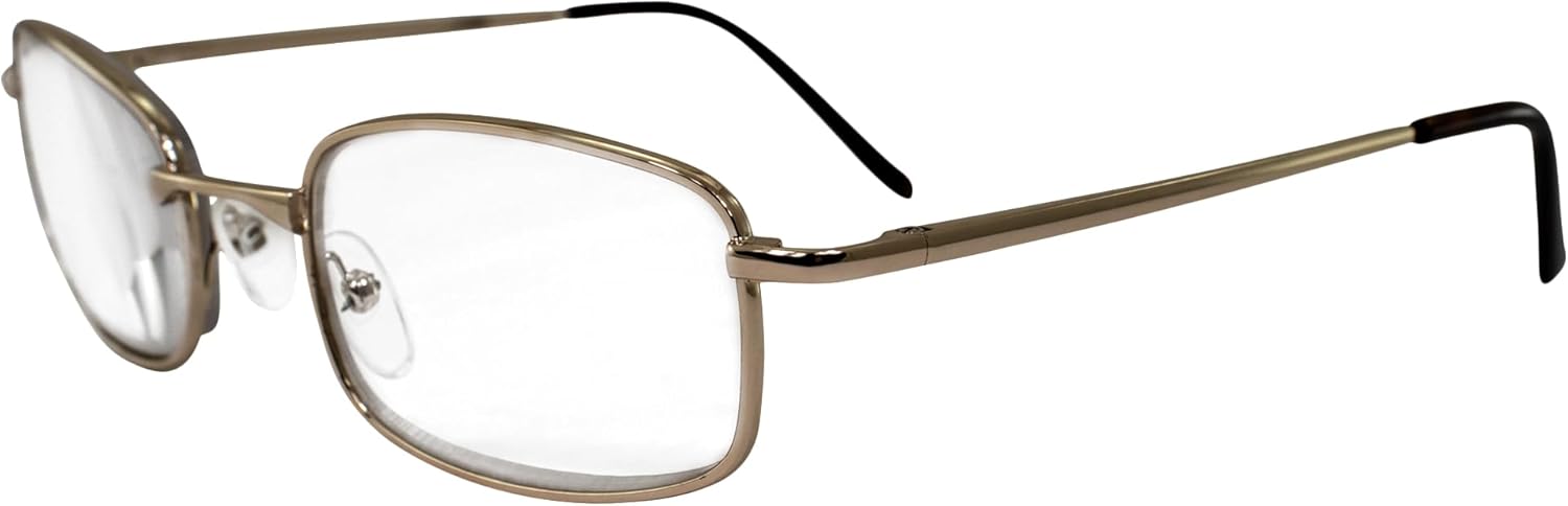 Men's High-Powered Reading Glasses: Gold Frame and Brown Case +6.00 Magnification Aspheric Lenses