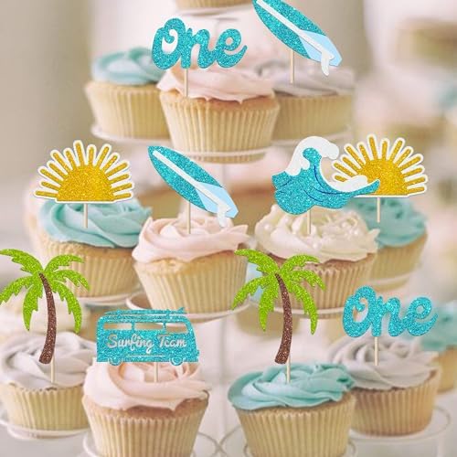Rsstarxi 24 Pack Surfing Theme First Birthday Cupcake Toppers The Big One Party Decorations Surfboard Sport Cupcake Picks for Summer Beach Baby Shower 1st Birthday Party Decorations