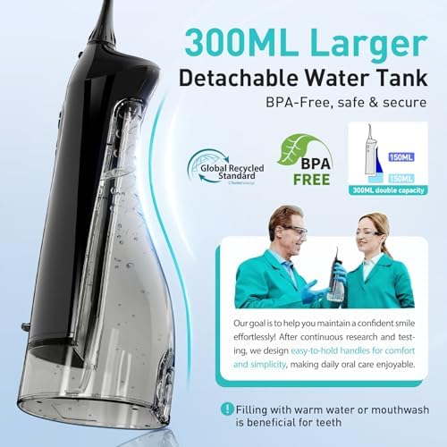 COSLUS Water Dental Flosser Teeth Pick C20: Portable Cordless Oral Irrigator 300ML Rechargeable Travel Irrigation Cleaner IPX7 Waterproof Electric Flossing Machine for Teeth Cleaning, Black