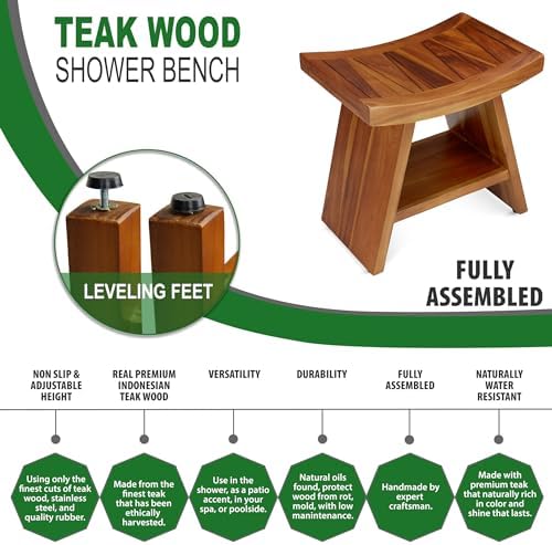 TeakCraft Teak Shower Stool with Shelf – Water Resistant, Non-Slip Premium Indonesian Teak Wood Bath Seat Bench for Shower – Fully Assembled Wood Spa Bath Organizer Seat with Leveling Feet, The Randi