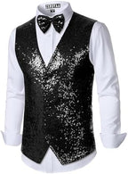 ZEROYAA Men's Sequin Vest Slim Fit 70s Shiny Waistcoat Bowtie Set Disco Prom Party Tuxedo