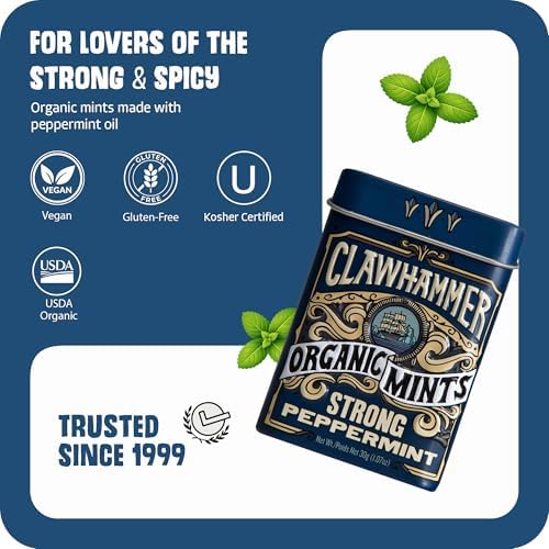 Clawhammer Organic Mints Strong Peppermint - 30 Count Tin (Pack of 12) | Bold Breath Mint, Organic Candy Mints with No Artificial Colors or Sweeteners | Kosher, Vegan, Gluten Free