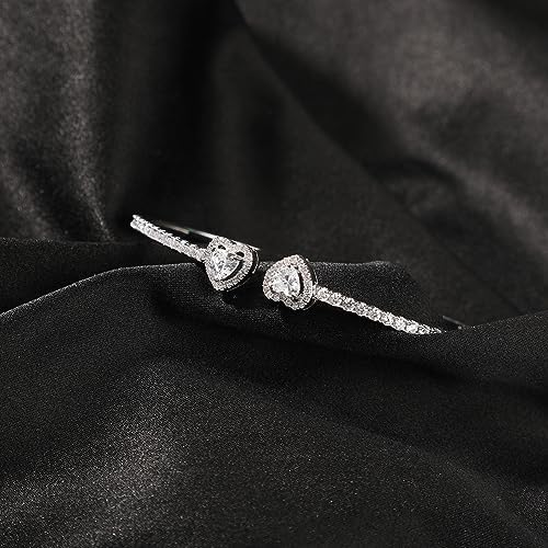 Womens Cute Love Heart Open Cuff Bangle Bracelet 18K Gold Silver Plated Cubic Zirconia Bangle Bracelet, Heart Cuff Bracelet Hip Hop Jewelry Gift for Women