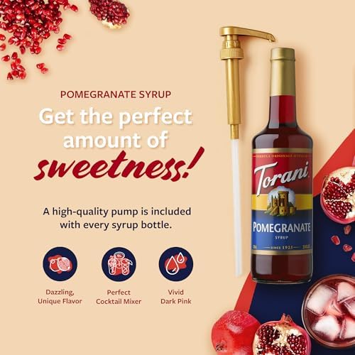 Torani Pomegranate Syrup for Drinks, Flavoring for Iced Tea, Lemonade, Sodas, and Cocktails, Glass Bottle with Pump Included, 25.4 Fl Oz