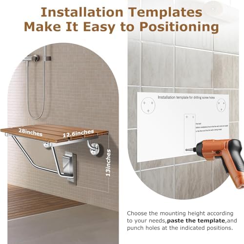 28" Wall Mounted Folding Shower Seat with Stainless Steel Bracket, Structural Stability, 500 lb Capacity, Space-Saving, Teak Shower Bench for Elderly, Disabled, Pregnant Women, Kids