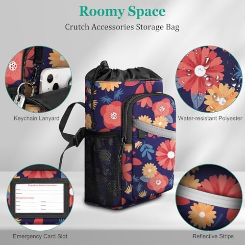 FINPAC Crutch Accessories Bag, Water-Resistant Storage Organizer Tote Bag with Drink Holder and Zipper Pouch for Crutches, Underarm Crutches Attachment, Daisy