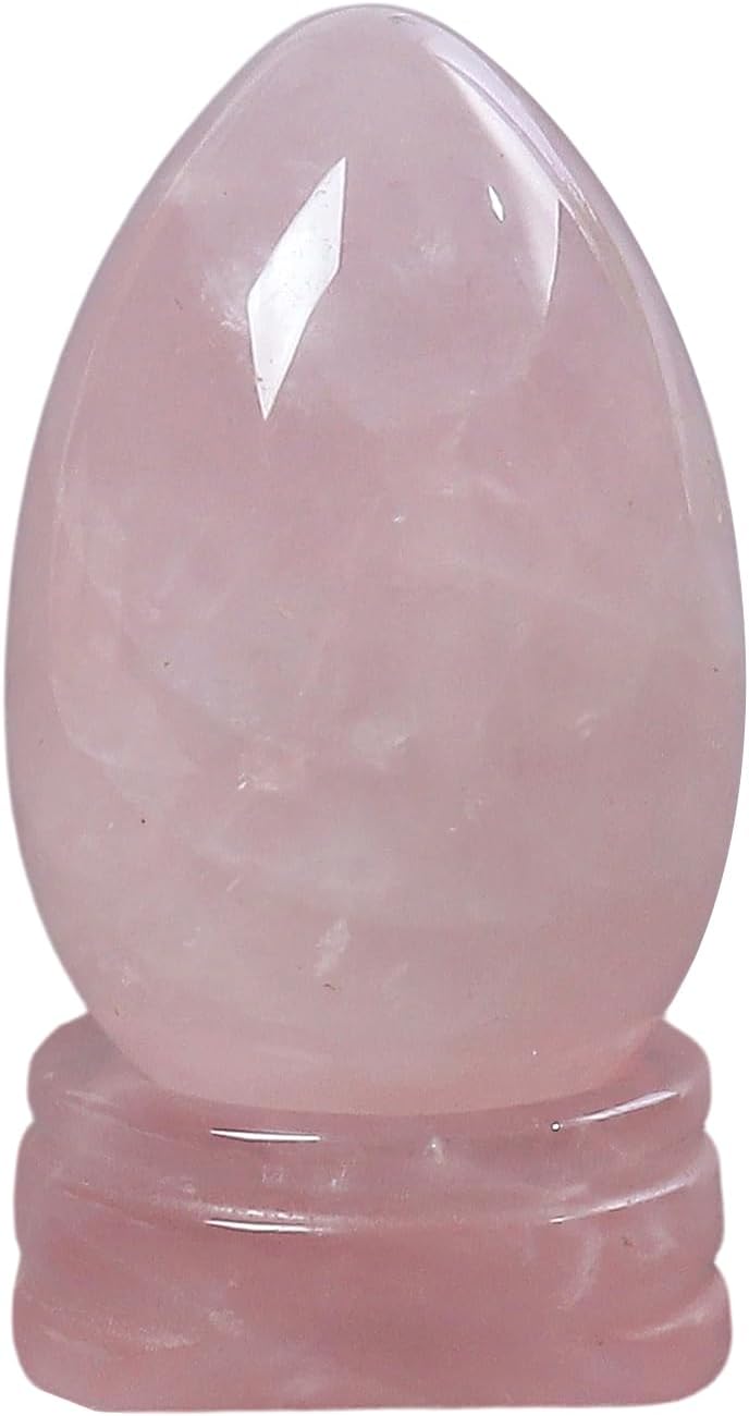 Natural Rose Quartz Egg with Crystal Stand, Polished Stone Healing Figurine, 1.7" Decorative Sculpture for Home Office Yoga Meditation