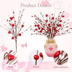 Wootkey 4Pcs Artificial Mother's Gift Decorations Red Heart Berry Stems Heart Shaped Berry Gifts Flowers for Wedding Anniversary Party Supplies Decor