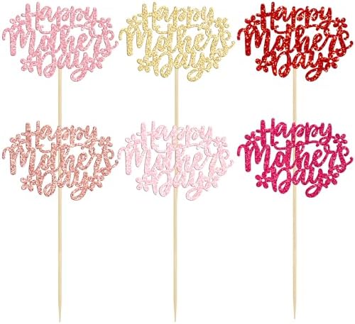 Ephlyn 24Pcs Happy Mother's Day Cupcake Topper Happy Mother's Day Cupcake Picks Glitter Flower Best Mom Party Cake Decorations Cupcake Toppers Picks for Mother's Birthday Party Supplies Multi