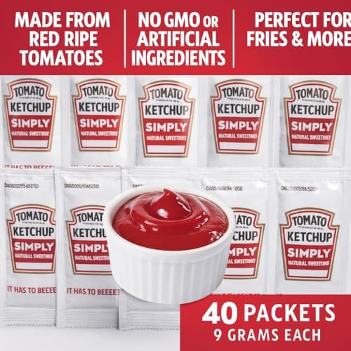 Tomato Ketchup Packets – 40 Count (9g Each) | Made from Red Ripe Tomatoes | No GMO, Gluten-Free, No Artificial Ingredients | Perfect for Fries, Burgers, Hot Dogs, Lunch Boxes & Takeout