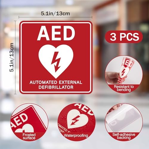 3PCS AED Sign Stickers, Waterproof Durable Automated External Defibrillator Inside Label, Emergency AED Accessories for AED Wall Cabinet, Home & Box 5.1''x5.1''