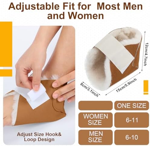 2 Pcs Heel Protectors for Pressure Sores Sheepskin Heel Pads Soft Foot Cushions Pad Protectors Adjustable Foot Pillows with Securing Strap for Bed Sore Ankle Ulcers (Brown)