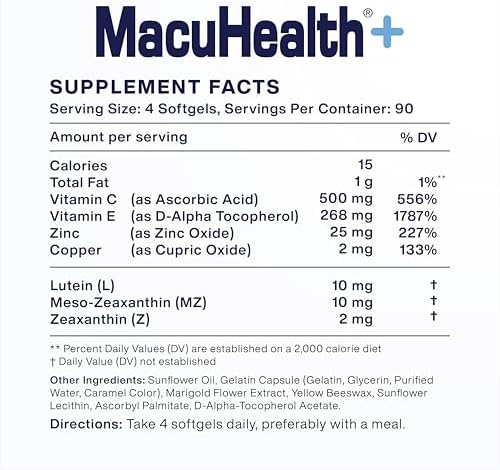 Macuhealth Plus+ Eye Vitamins Supplement for Adults - 90 Day Supply with Lutein, Zeaxanthin, and Meso-Zeaxanthin - Unflavored, Vitamin for Eyes