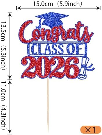 Rsstarxi 1 Pack Congrats Class of 2026 Cake Topper Glitter Congrats Class of 2026 Graduation Cap Diploma Cake Pick 2026 Graduation Theme Party Cake Decorations Red Blue