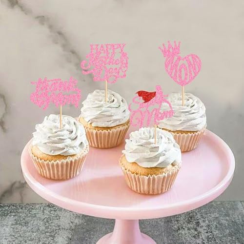 24 Pcs Happy Mothers Day Cupcake Toppers Glitter Cake Toppers Cupcake superman Thank you Mom Happy Birthday Party Supplies Decorations Pink