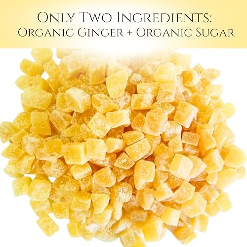 Organic Diced Ginger, USDA Certified, Non-GMO, Kosher, Dehydrated Ginger Pieces, No Additives, Perfect for Cooking, Baking & Tea, All Natural, Ideal for Recipes, Smoothies & Infusions in Resealable Bag 8 oz