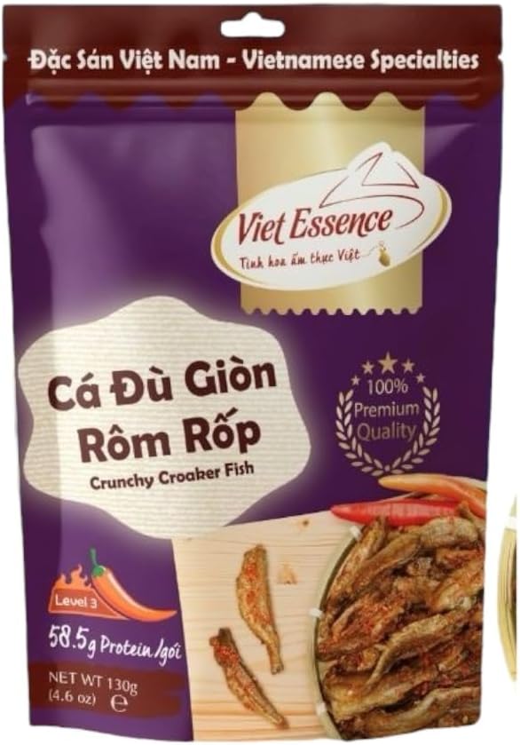 Cá Đù Giòn Rom Rop Viet Essence Crunchy Croaker Fish, Premium Vietnamese Specialty Snack, Spicy, 130g (4.6 oz)