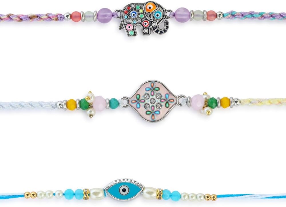 Set of 3 Evil Eye Rakhi for Brothers with Raksha Bandhan Greeting Card & Roli Chawal Tika | Elephant Rakhi for Small Brother Bhaiya | Designer Evil Eye Bracelet Rakhi for Brothers