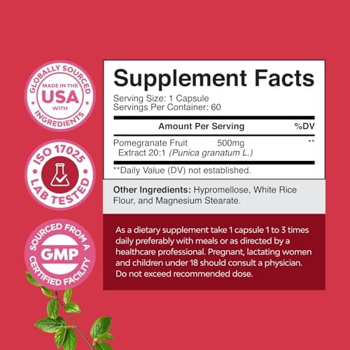 Pomegranate Extract Capsules Antioxidant Supplement - Natural Pomegranate Capsules for Heart Health Joint Support and Pre Workout for Men and Women - Nitric Oxide Supplement with Brain Health Vitamins