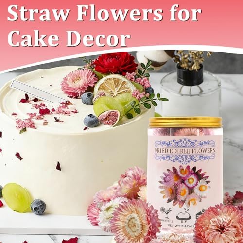 90+ Food Grade Pink Flowers for Cake and Cocktails Decorating – Culinary-Grade Dried Pink & White Strawflowers for Garnish, Baking, and Drink Toppers