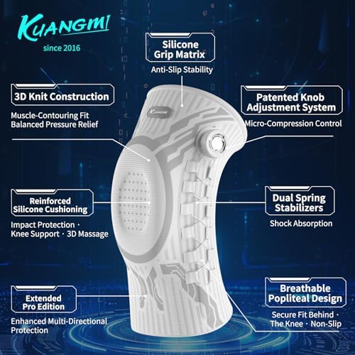 Kuangmi Smart Knee Brace with Adjustable Compression Knob, Micro-Adjustable Support for Perfect Fit, Pain Relief from Arthritis, Meniscus Tear, 2 Pack, W-XL